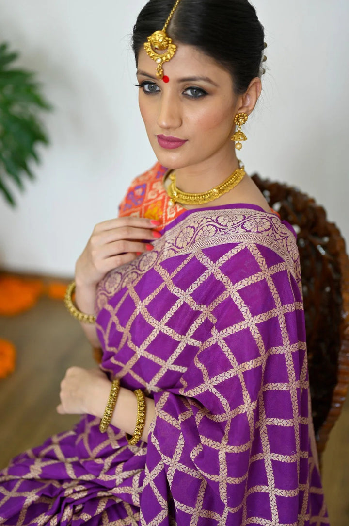 Reception Wear Purple Color Banarasi Saree with Rich Zari