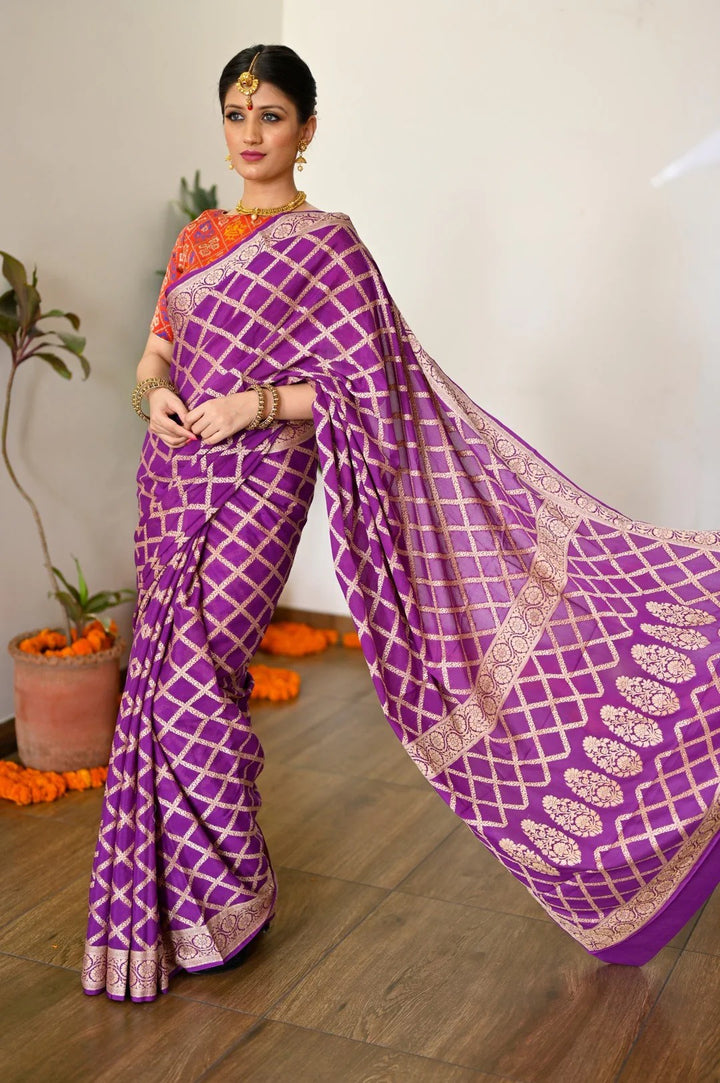 Reception Wear Purple Color Banarasi Saree with Rich Zari