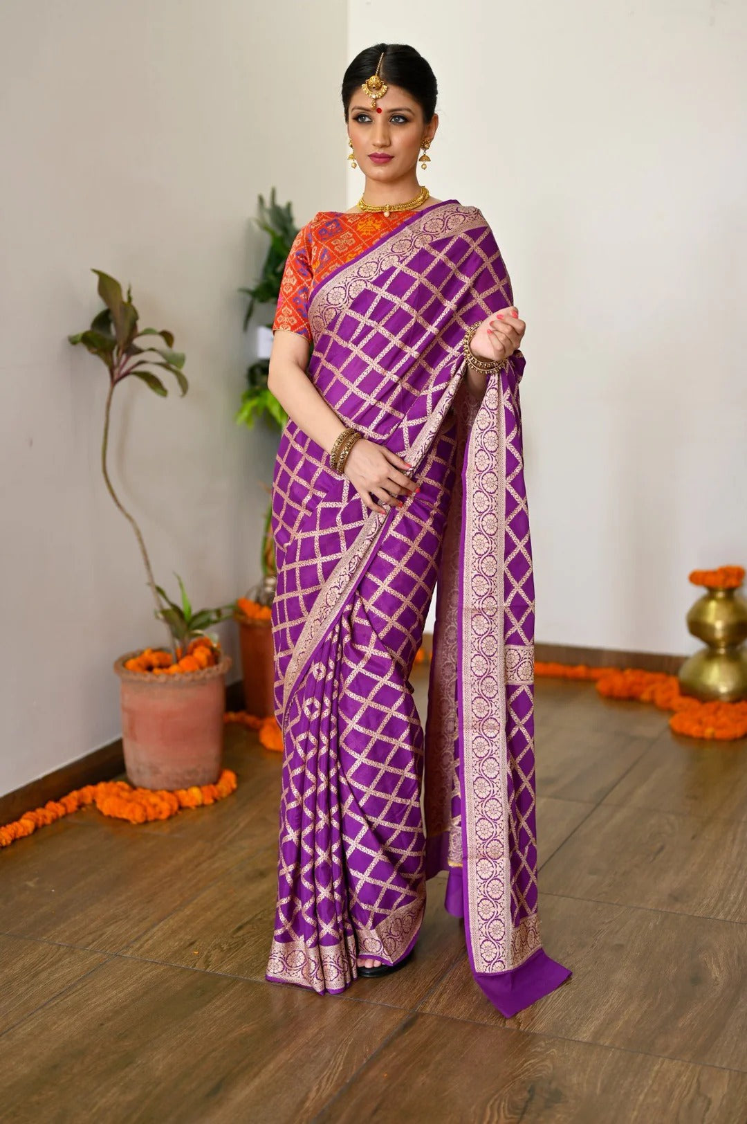 Reception Wear Purple Color Banarasi Saree with Rich Zari