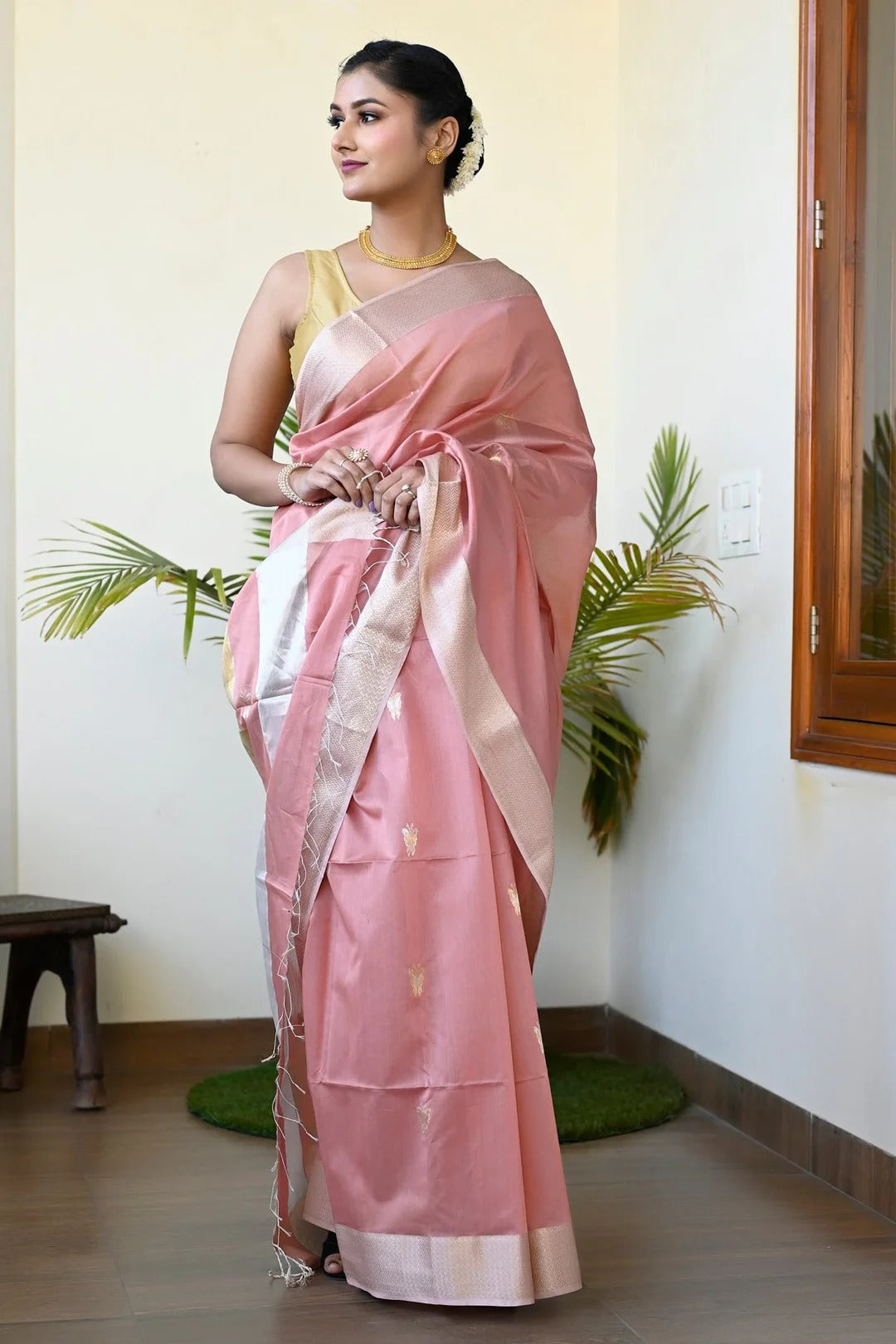 Reception Wear Rose Pink Color Maheshwari Saree With Motifs