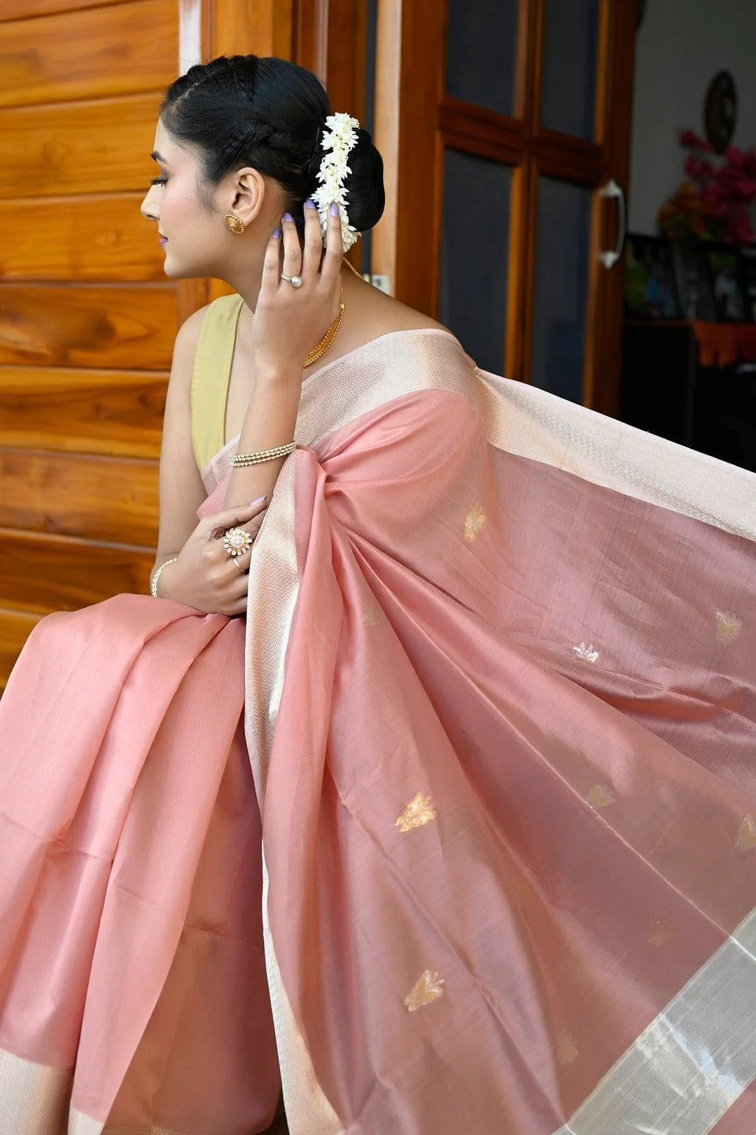 Reception Wear Rose Pink Color Maheshwari Saree With Motifs