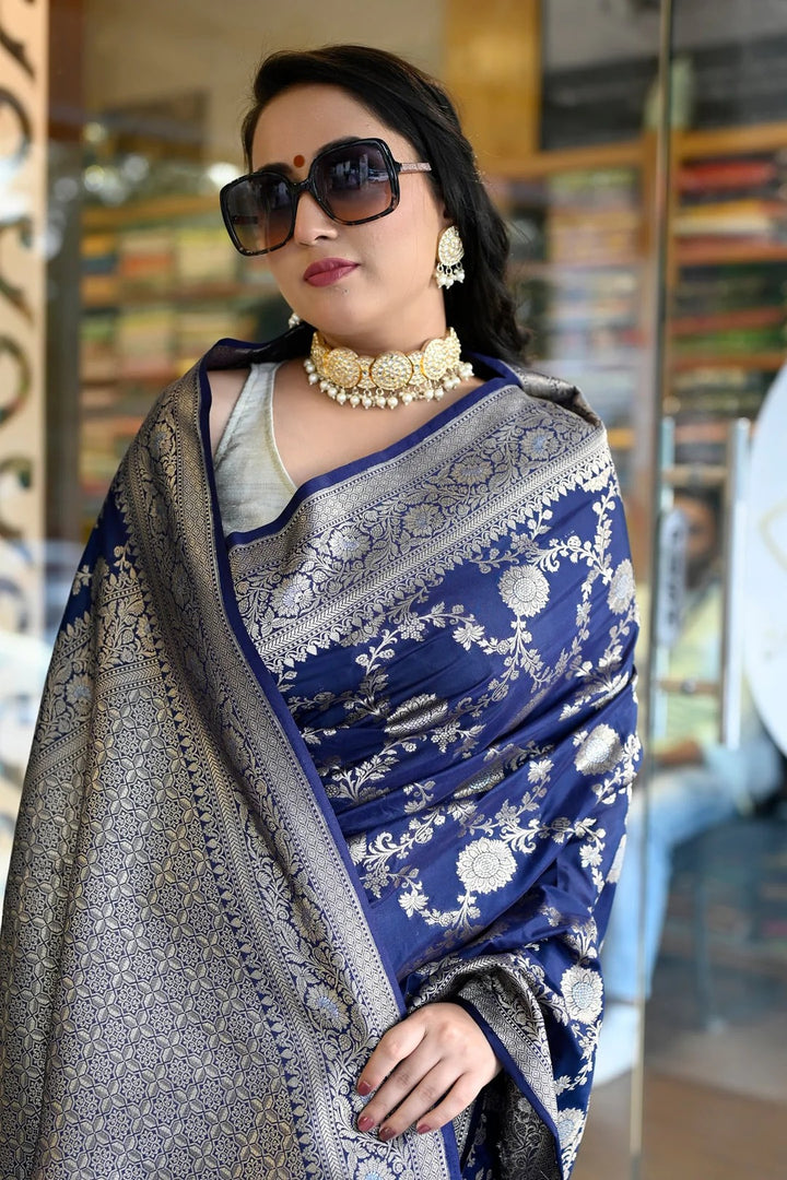 Reception Wear Royal Blue Color Banarasi Silk Saree With Meena Work