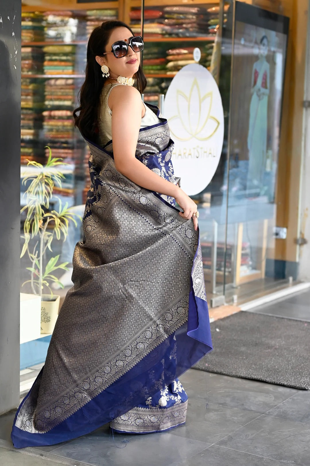 Reception Wear Royal Blue Color Banarasi Silk Saree With Meena Work