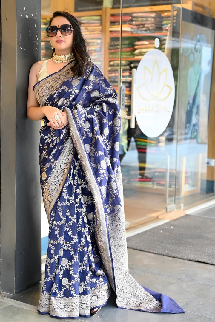 Reception Wear Royal Blue Color Banarasi Silk Saree With Meena Work