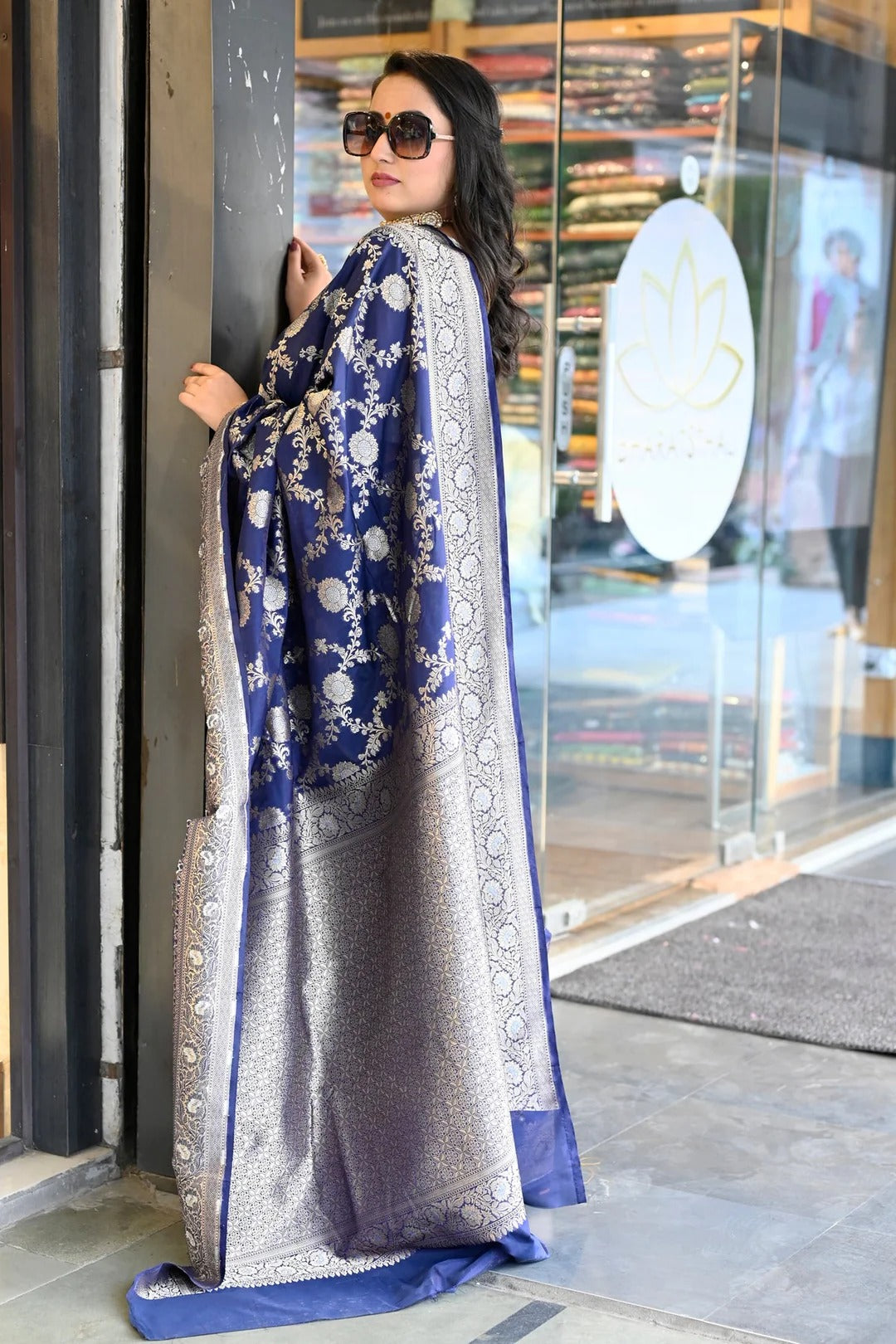 Reception Wear Royal Blue Color Banarasi Silk Saree With Meena Work