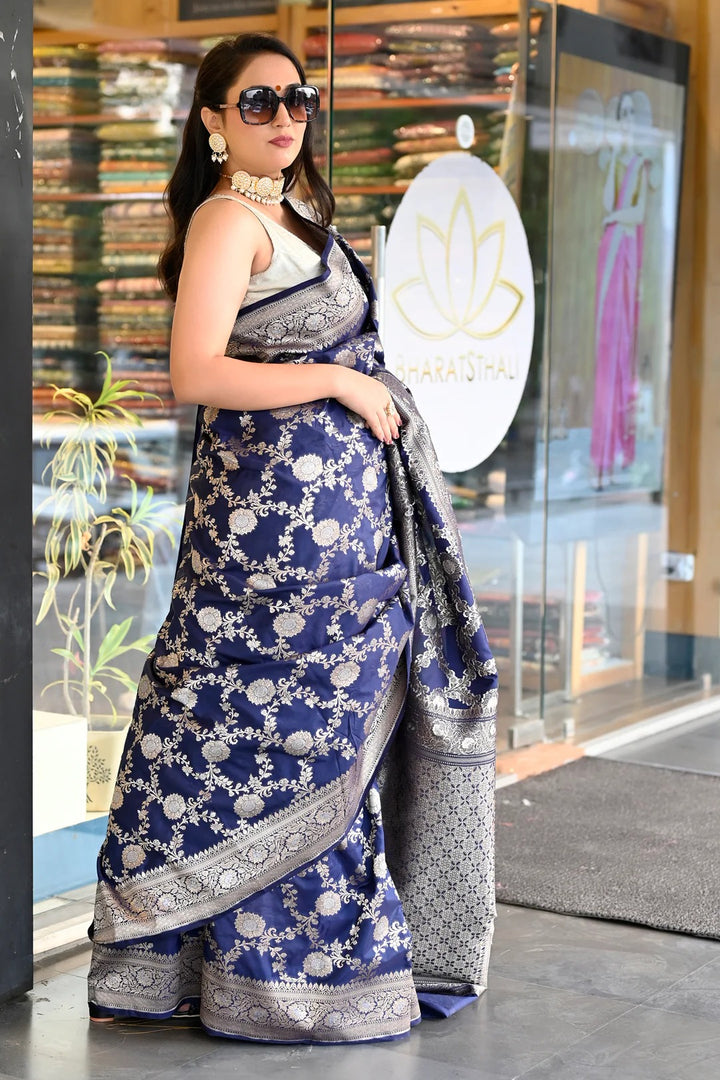 Reception Wear Royal Blue Color Banarasi Silk Saree With Meena Work