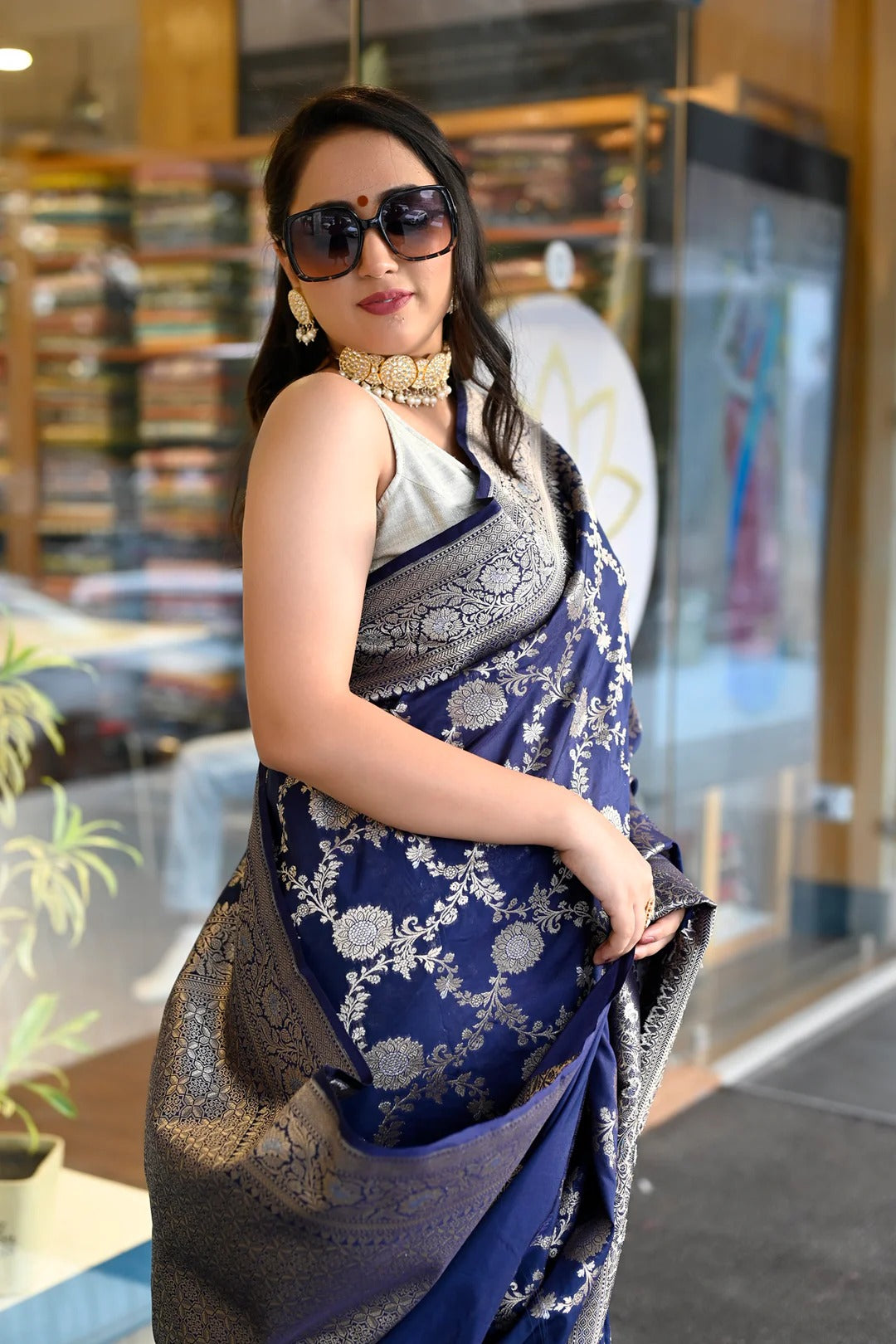 Reception Wear Royal Blue Color Banarasi Silk Saree With Meena Work