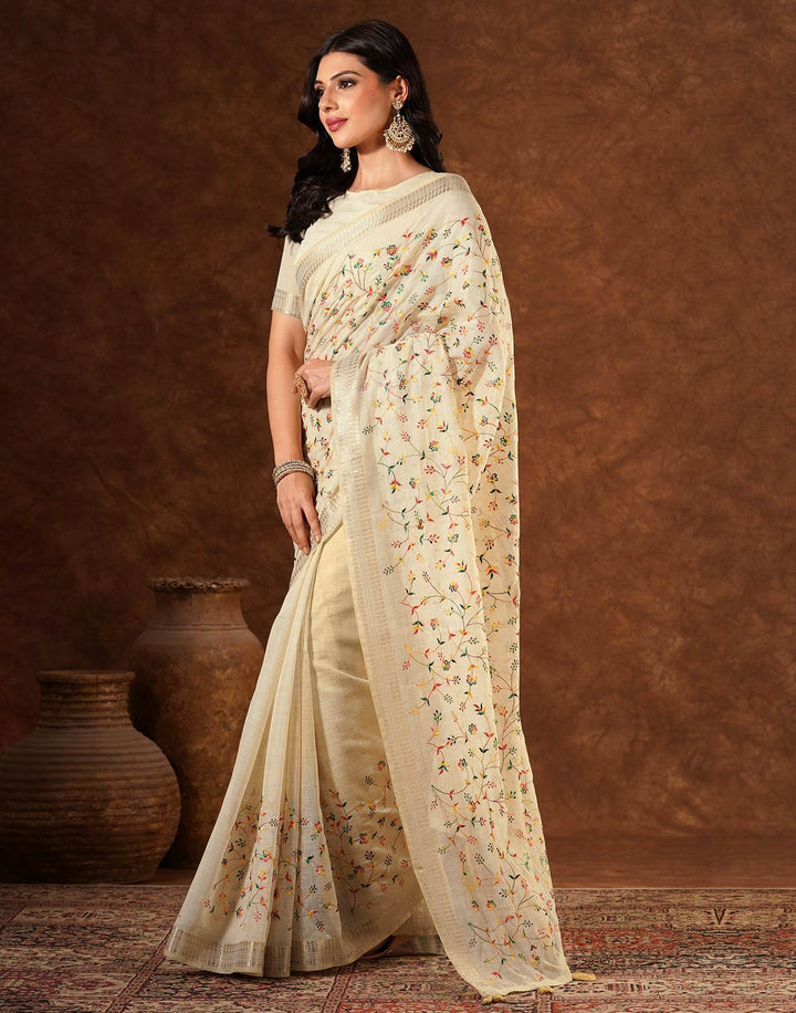 Wedding Wear Beige Color Linen Embroidery Saree