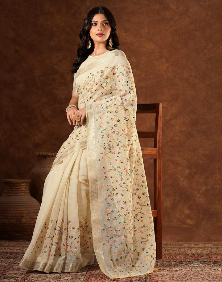 Wedding Wear Beige Color Linen Embroidery Saree