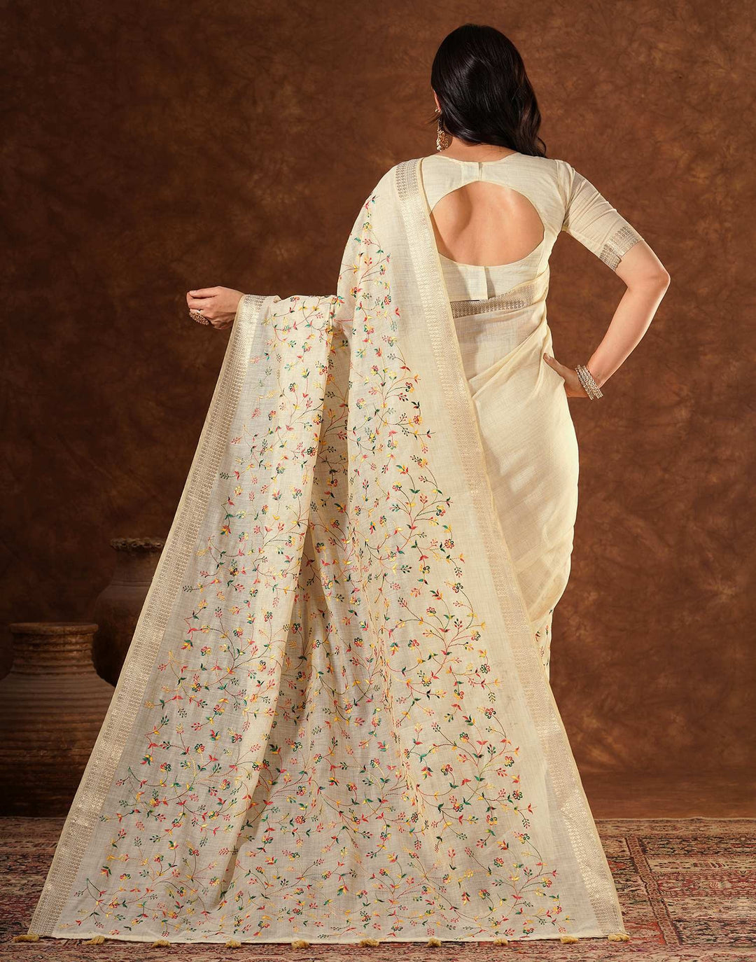 Wedding Wear Beige Color Linen Embroidery Saree