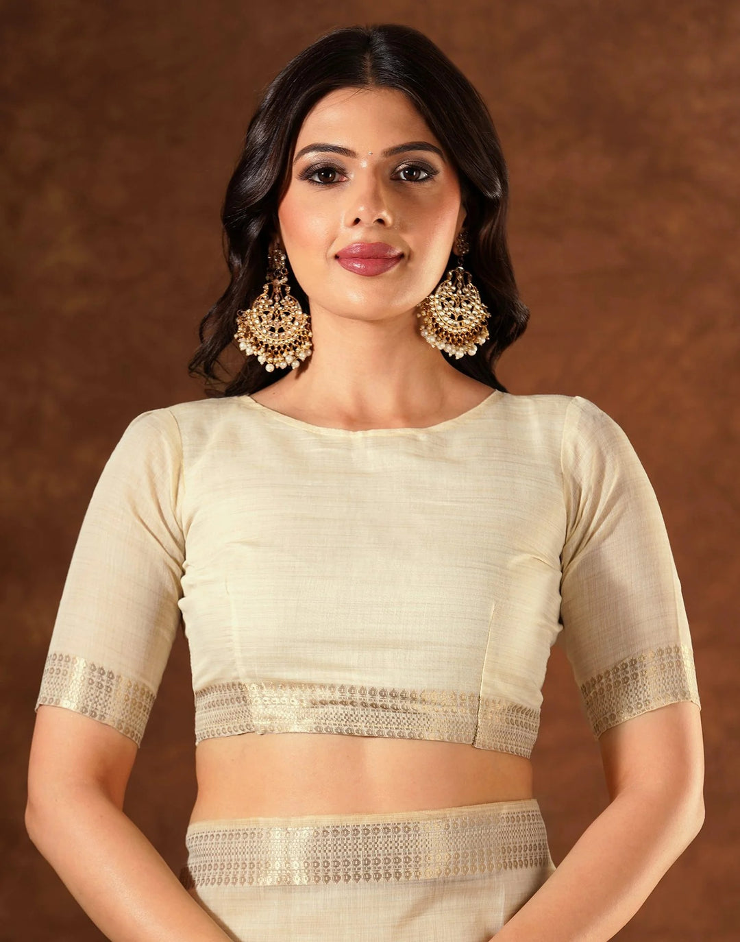 Wedding Wear Beige Color Linen Embroidery Saree
