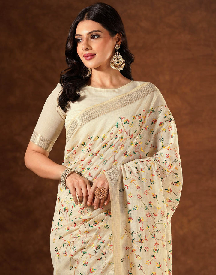 Wedding Wear Beige Color Linen Embroidery Saree