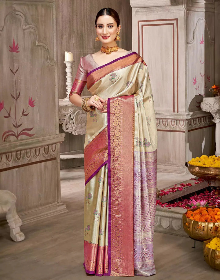 Wedding Wear Beige Color Tissue Silk Saree