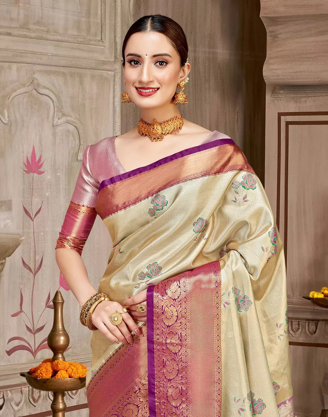 Wedding Wear Beige Color Tissue Silk Saree