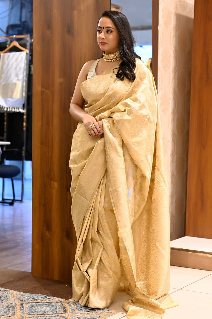 Wedding Wear Beige Gold Color Woven Banarasi Silk Saree