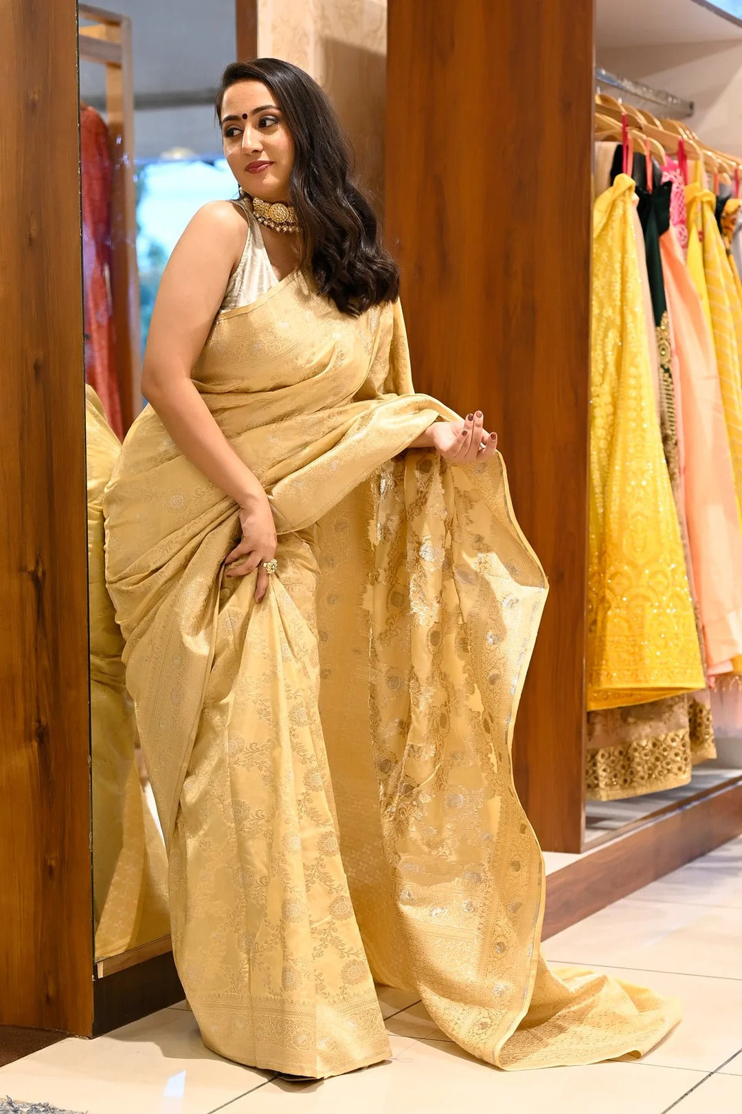 Wedding Wear Beige Gold Color Woven Banarasi Silk Saree