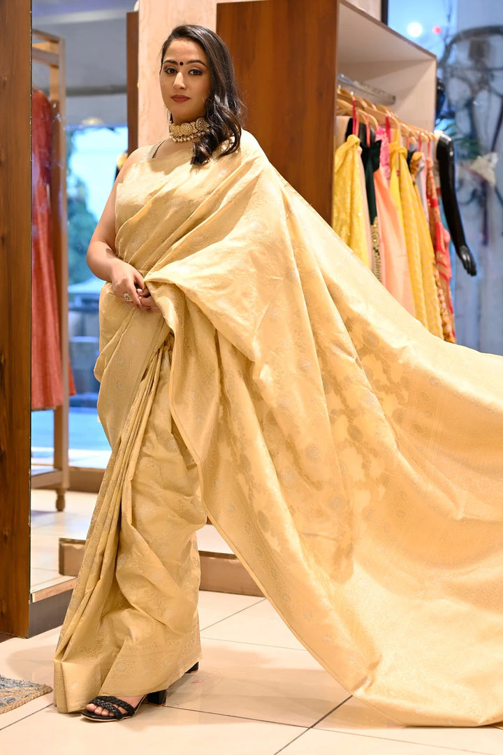 Wedding Wear Beige Gold Color Woven Banarasi Silk Saree