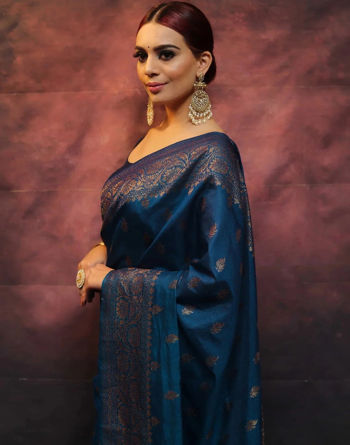 Wedding Wear Blue Color Banarasi Silk Woven Saree
