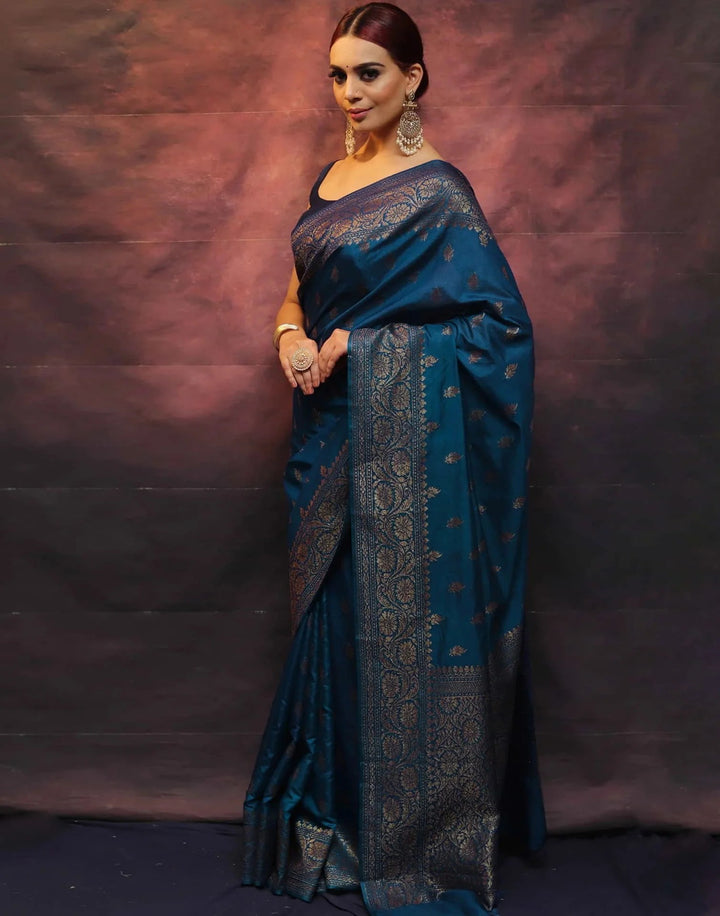 Wedding Wear Blue Color Banarasi Silk Woven Saree