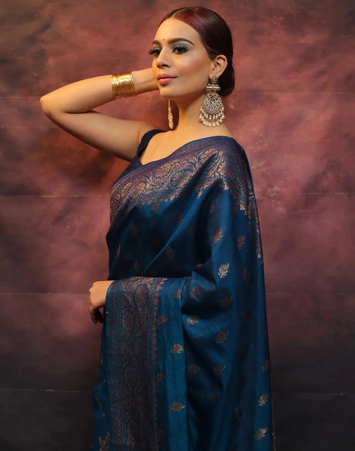 Wedding Wear Blue Color Banarasi Silk Woven Saree