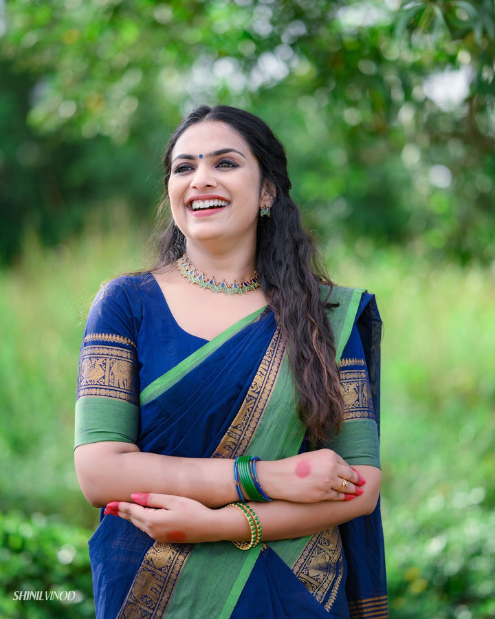 Wedding Wear Blue Color Cotton Silk Saree