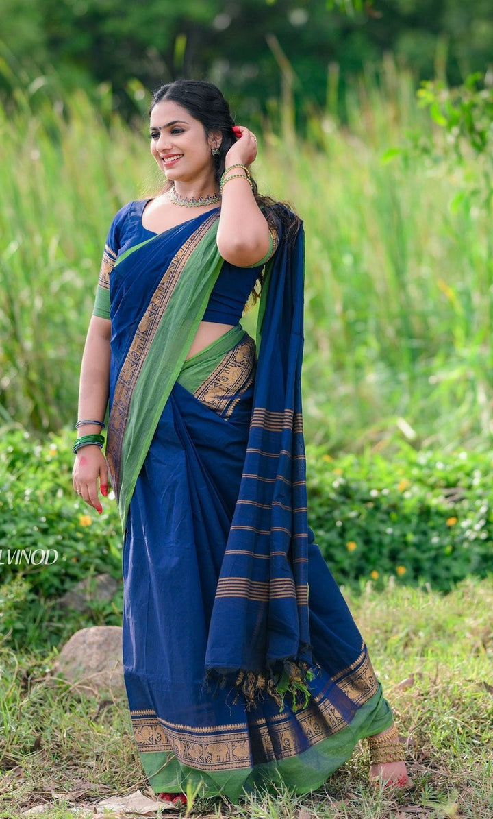 Wedding Wear Blue Color Cotton Silk Saree