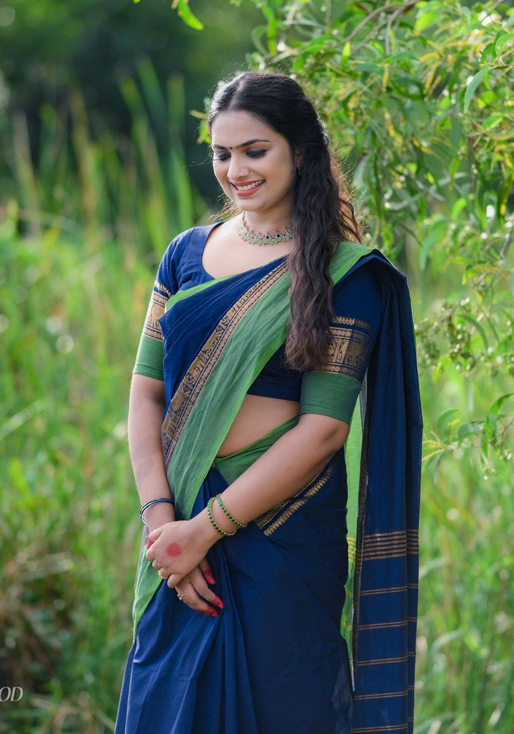 Wedding Wear Blue Color Cotton Silk Saree