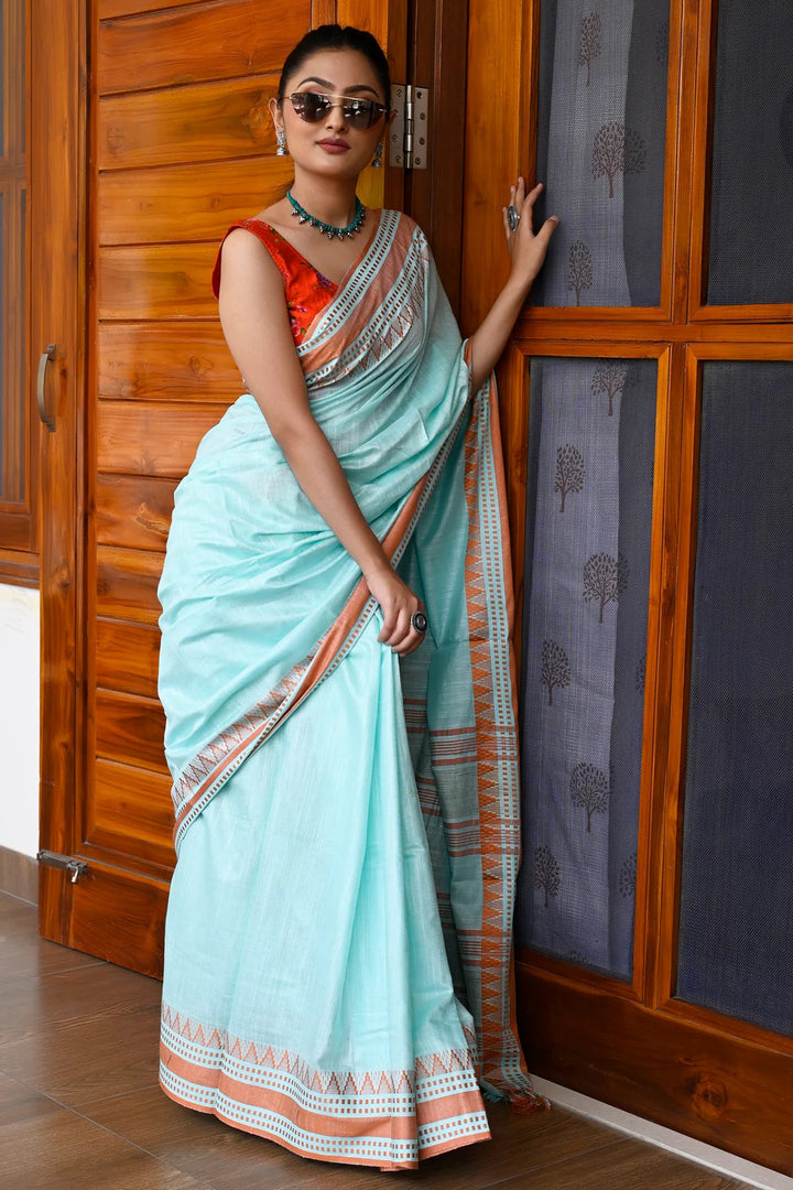 Wedding Wear Blue Color Maheshwari Handloom Saree