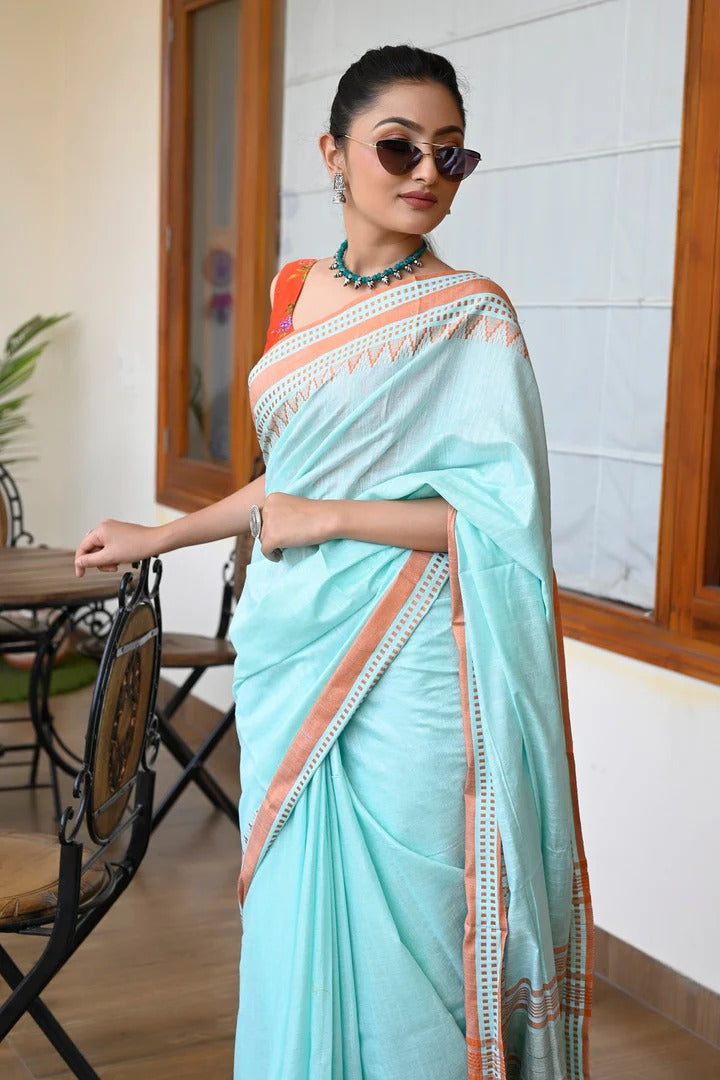 Wedding Wear Blue Color Maheshwari Handloom Saree