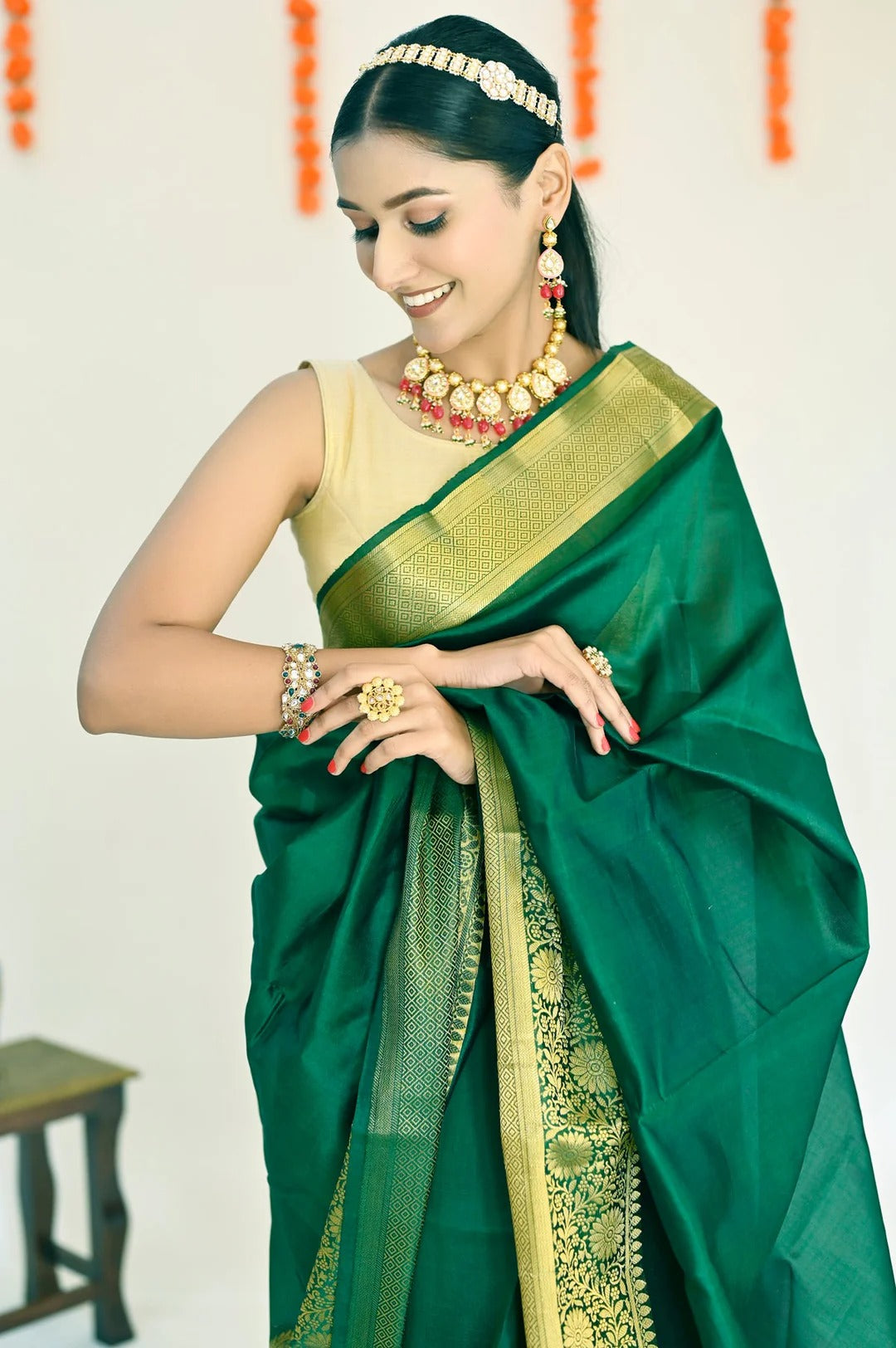 Wedding Wear Bottle Green Color Banarasi Silk Saree