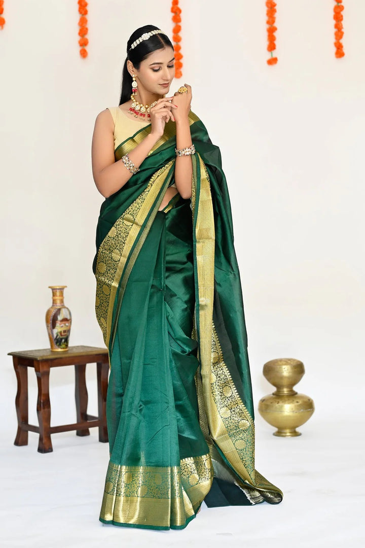 Wedding Wear Bottle Green Color Banarasi Silk Saree