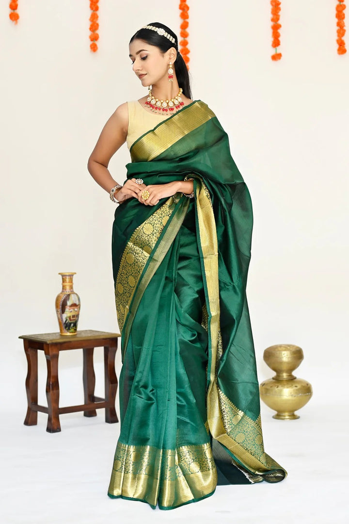 Wedding Wear Bottle Green Color Banarasi Silk Saree