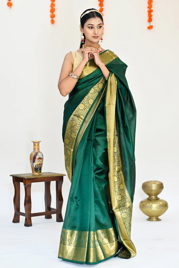 Wedding Wear Bottle Green Color Banarasi Silk Saree