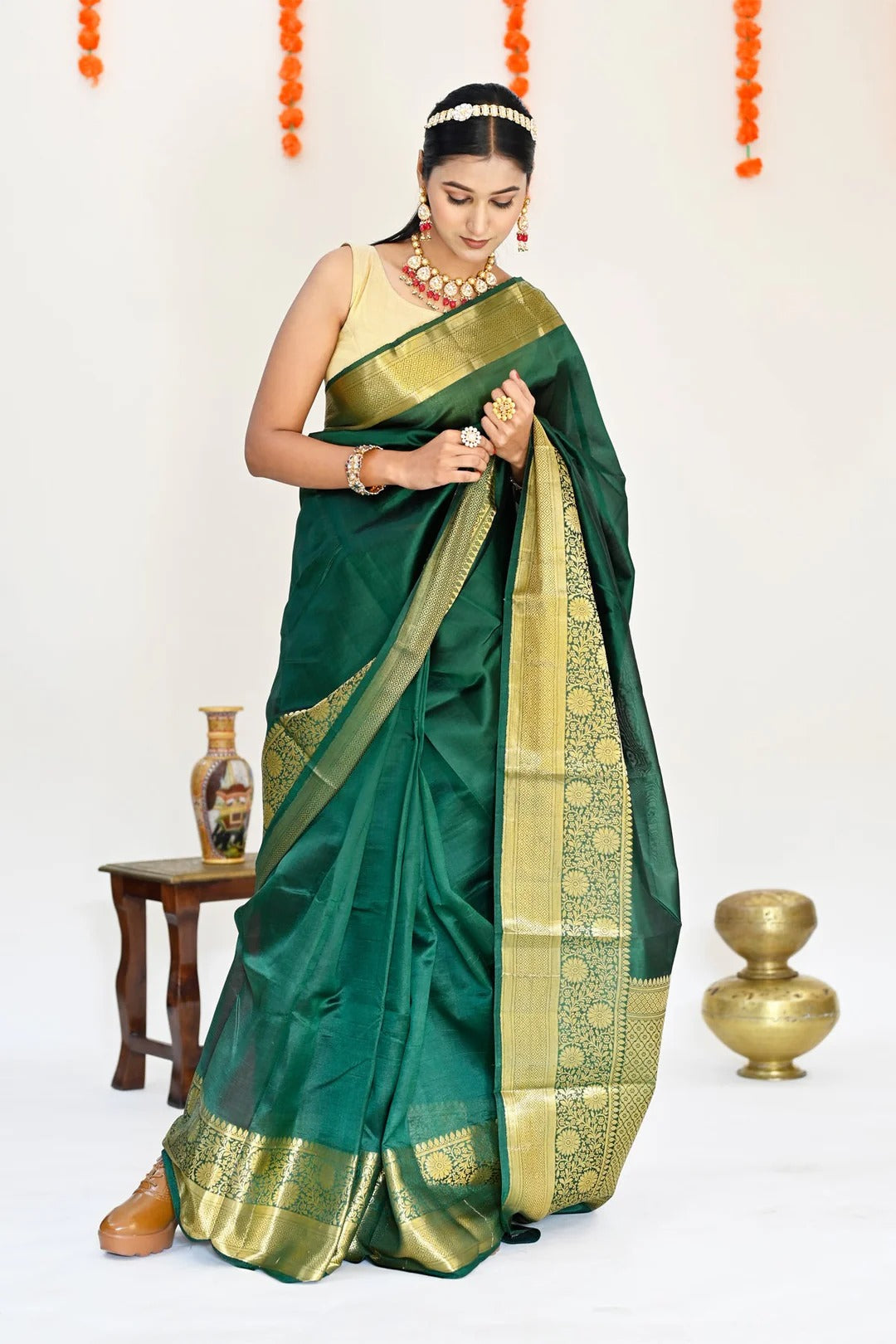 Wedding Wear Bottle Green Color Banarasi Silk Saree