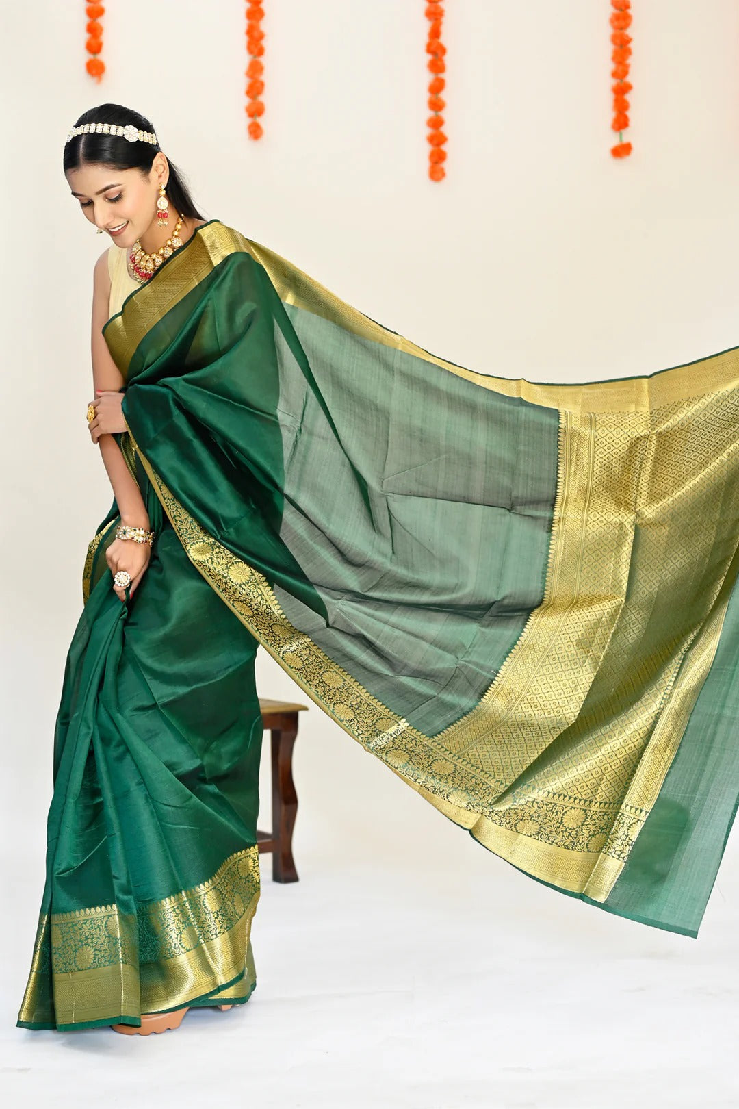 Wedding Wear Bottle Green Color Banarasi Silk Saree