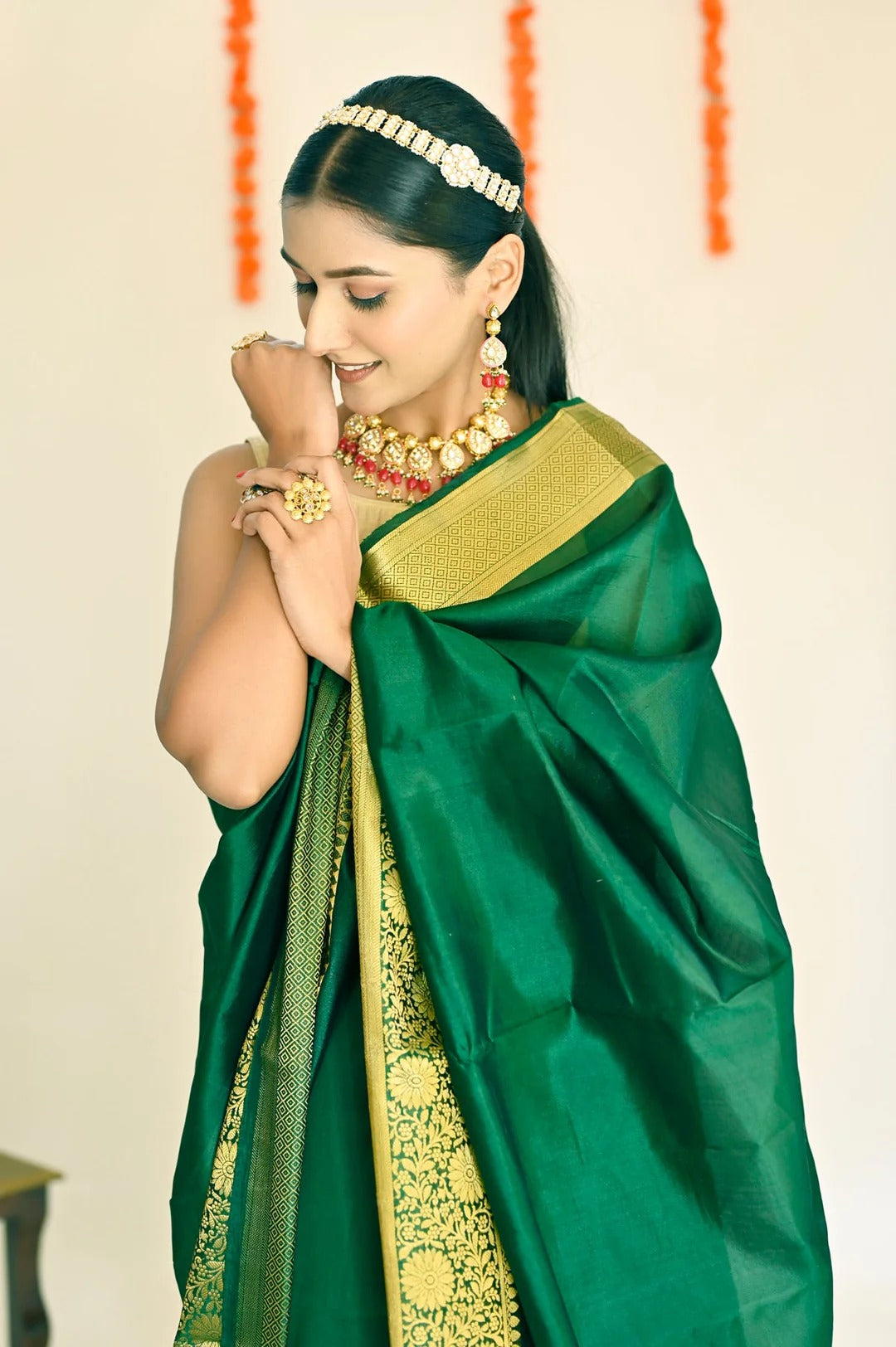Wedding Wear Bottle Green Color Banarasi Silk Saree
