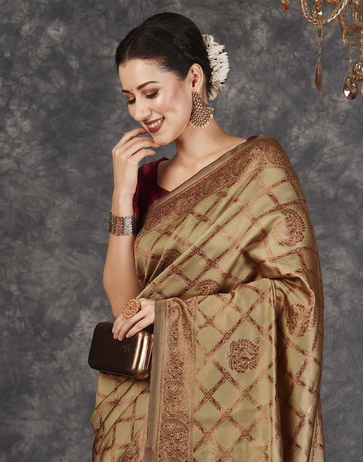 Wedding Wear Brown Color Banarasi Silk Woven Saree With Tassels