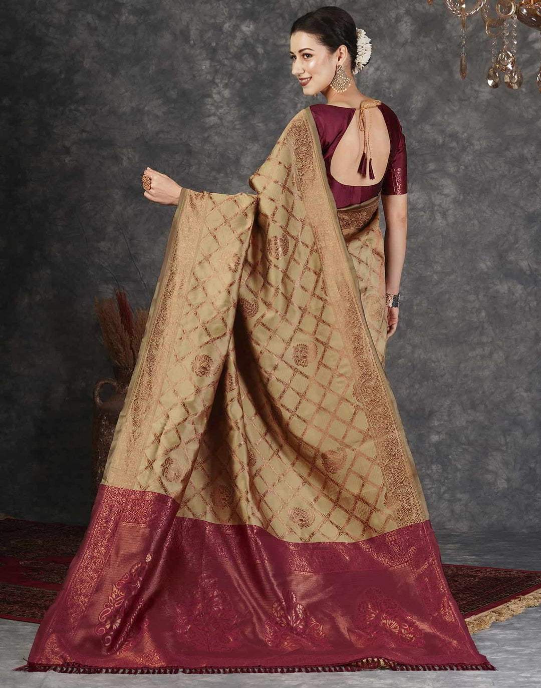 Wedding Wear Brown Color Banarasi Silk Woven Saree With Tassels