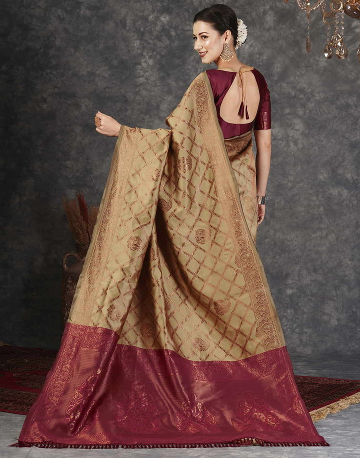 Wedding Wear Brown Color Banarasi Silk Woven Saree With Tassels