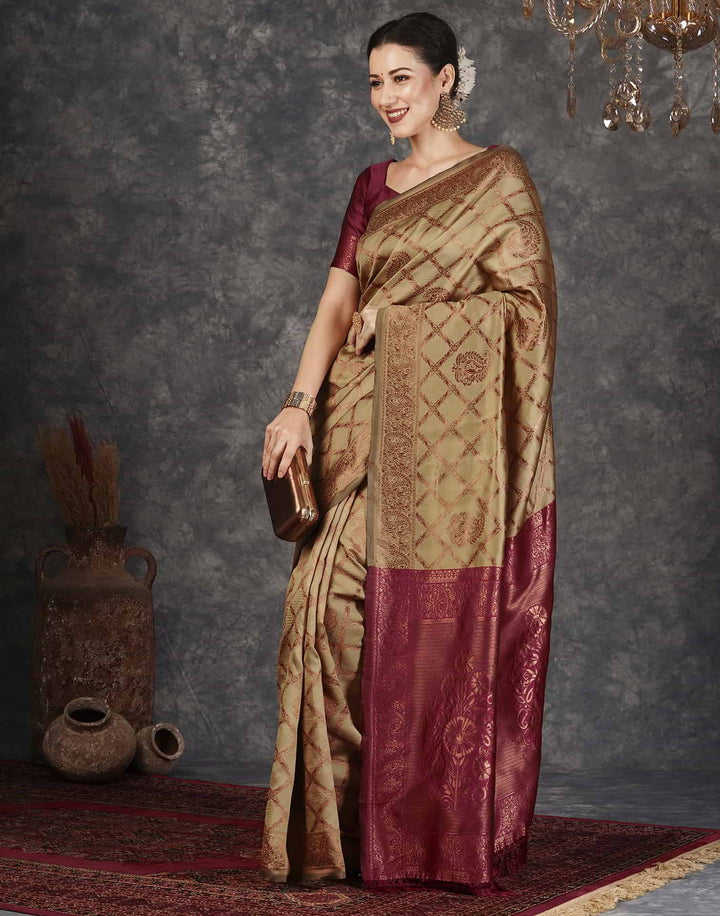 Wedding Wear Brown Color Banarasi Silk Woven Saree With Tassels