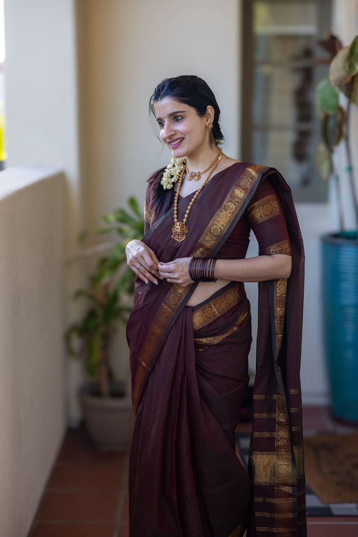 Wedding Wear Brown Color Cotton Silk Saree