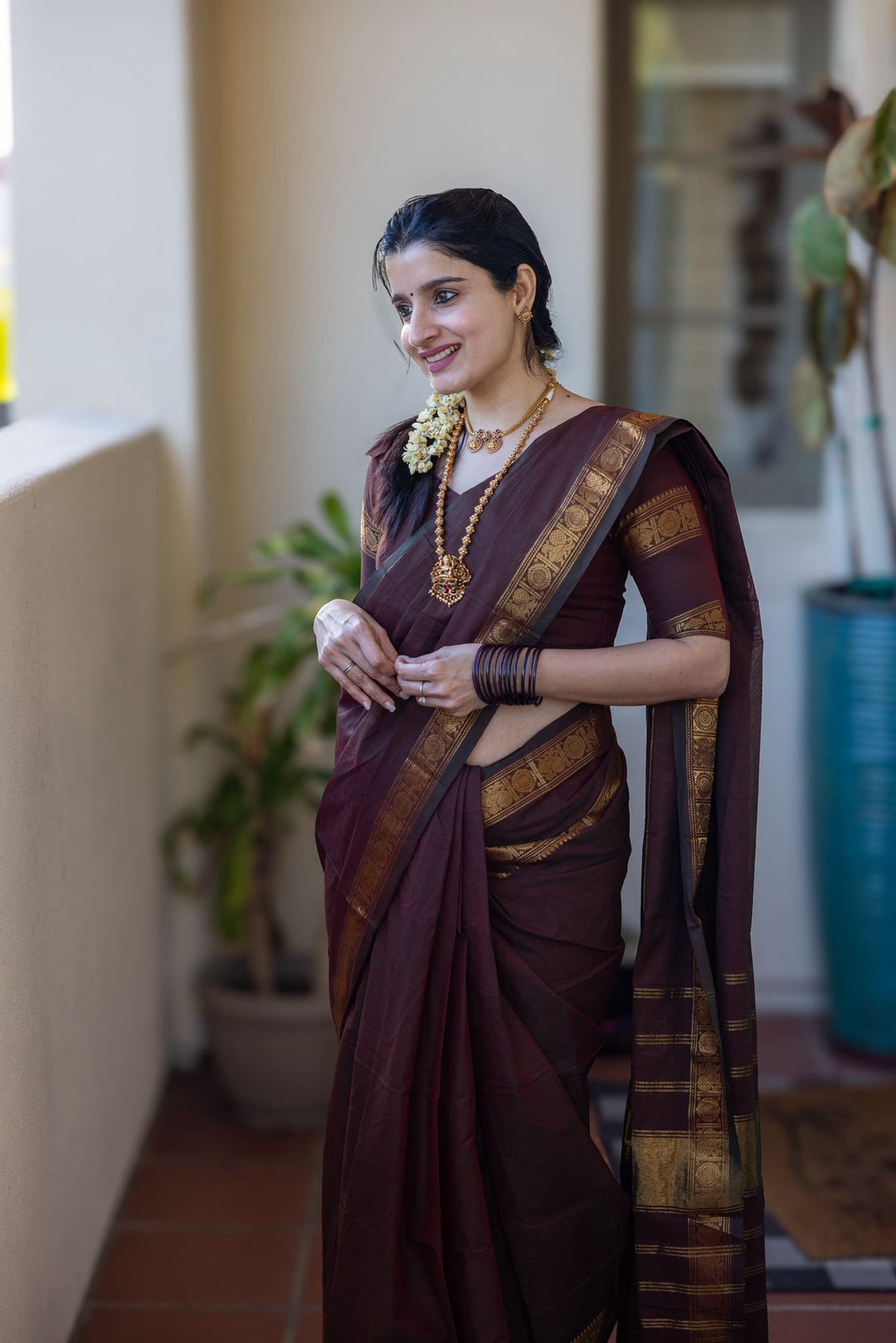 Wedding Wear Brown Color Cotton Silk Saree