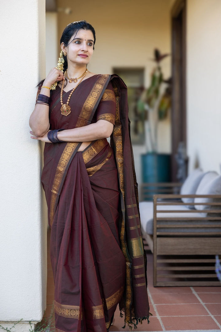 Wedding Wear Brown Color Cotton Silk Saree
