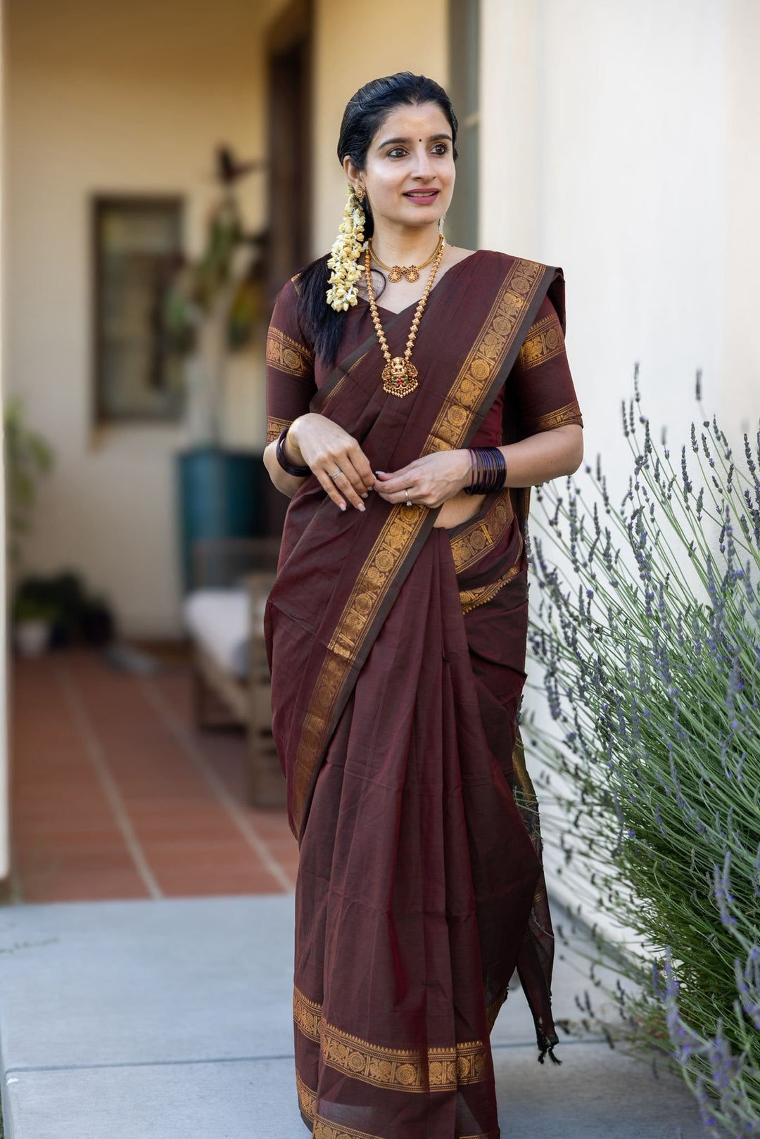 Wedding Wear Brown Color Cotton Silk Saree