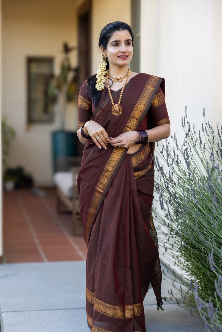Wedding Wear Brown Color Cotton Silk Saree