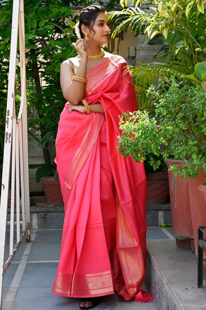 Wedding Wear Coral Pink Color Pure Banarasi Silk Saree