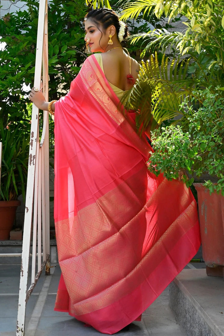 Wedding Wear Coral Pink Color Pure Banarasi Silk Saree