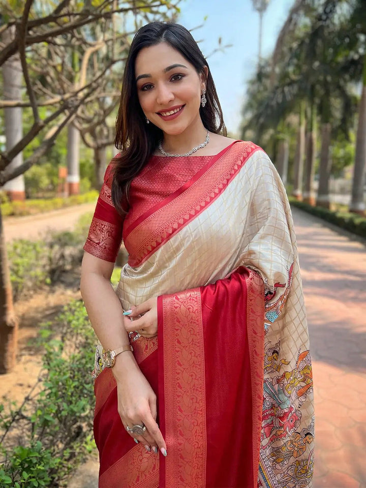 Wedding Wear Cream Color Banarasi Soft Silk Saree