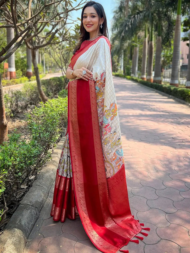 Wedding Wear Cream Color Banarasi Soft Silk Saree