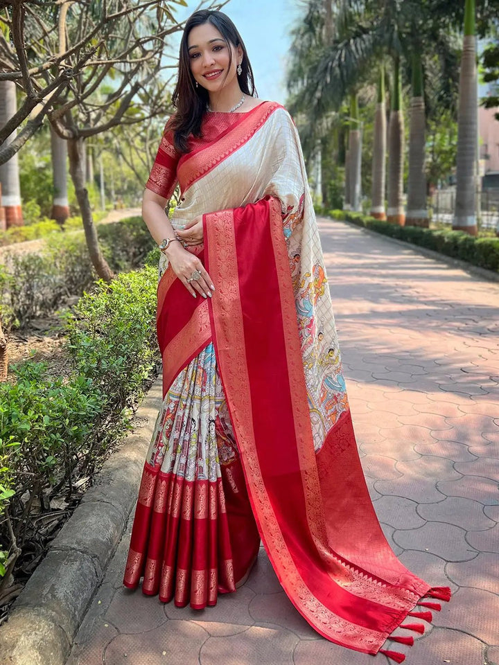 Wedding Wear Cream Color Banarasi Soft Silk Saree